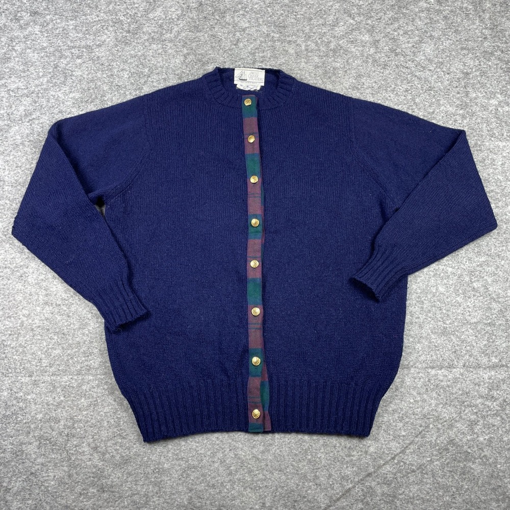Vintage 80s Moss Creek Cardigan Sweater Womens L Navy Wool Gold Button Scotland